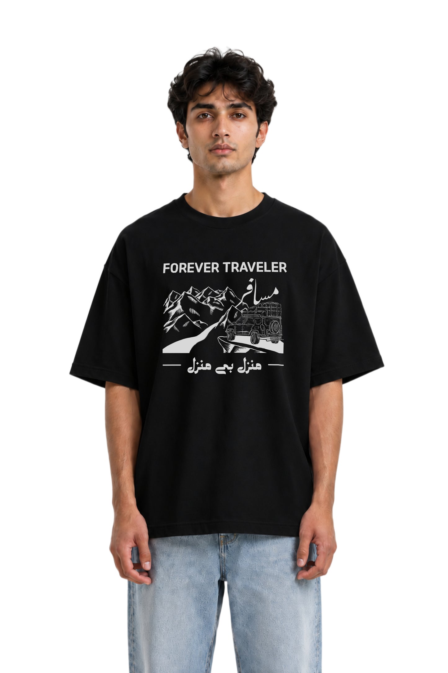 Forever Traveler Premium Oversized High Neck T-shirt in Black