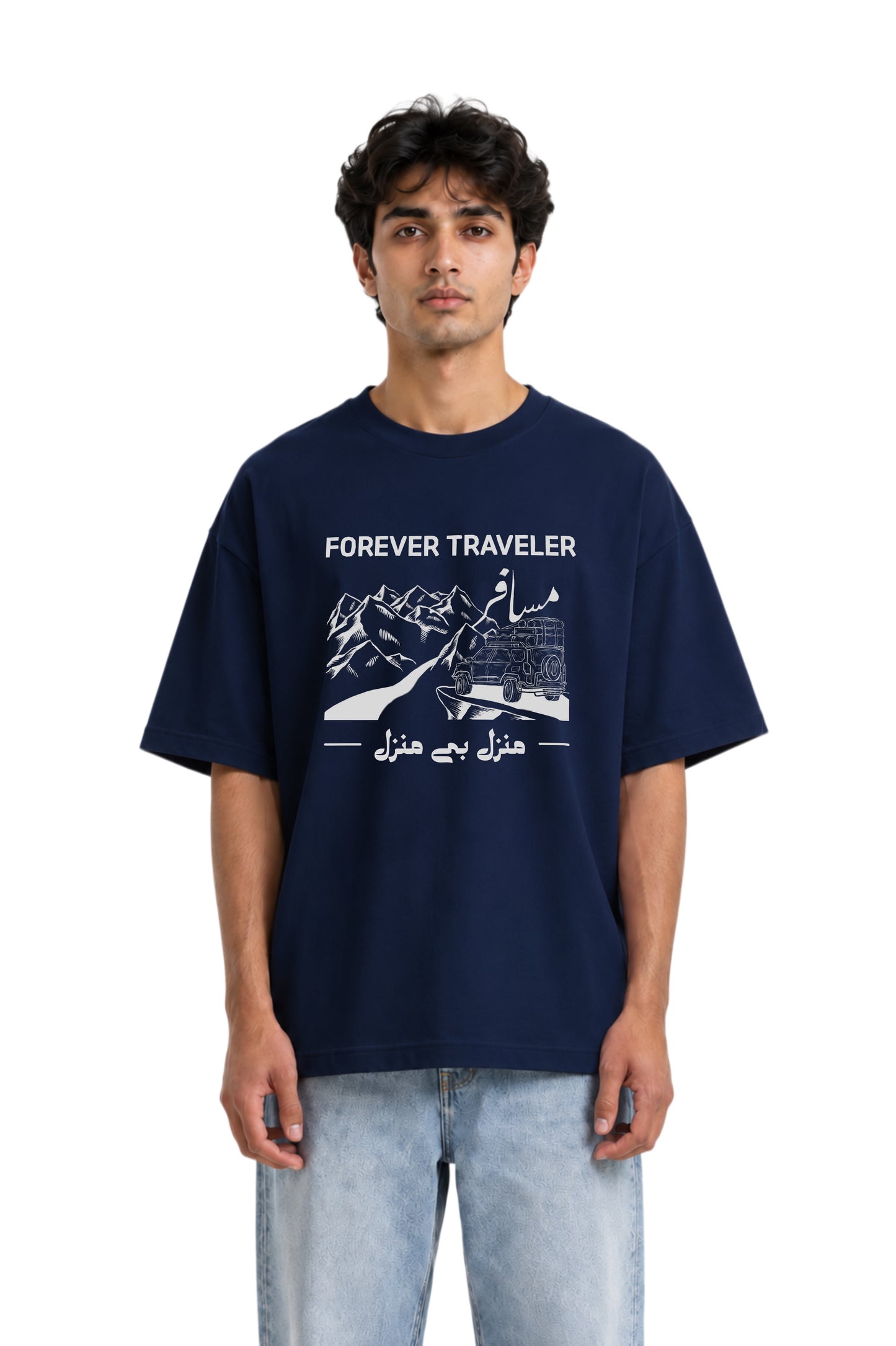 Forever Traveler Premium Oversized High Neck T-shirt in Navy